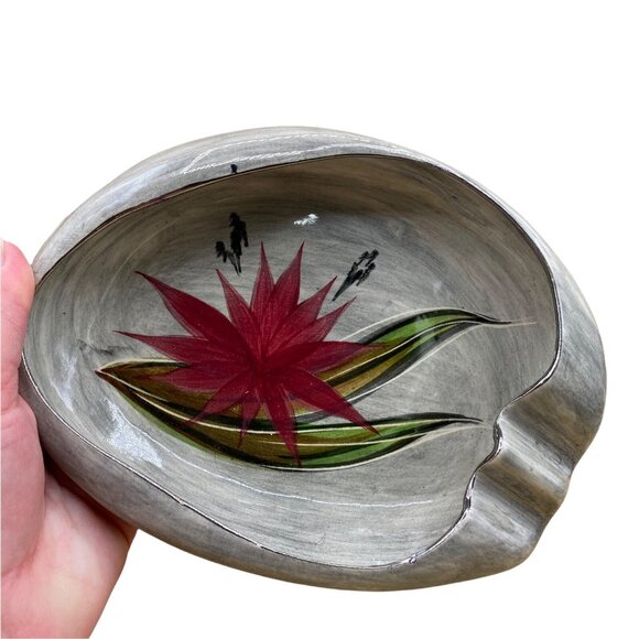 Hedi Schoop Vintage Rare Ashtray Red Aloe Flower Grey Base Signed READ - Picture 2 of 9